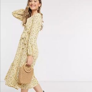Monki Martina floral wrap midi dress in mustard
